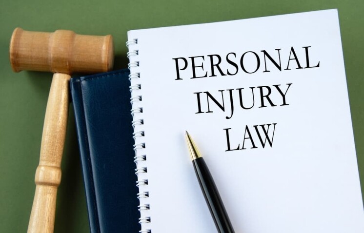 The words 'PERSONAL INJURY LAW' displayed on a white sheet alongside a judge's gavel.