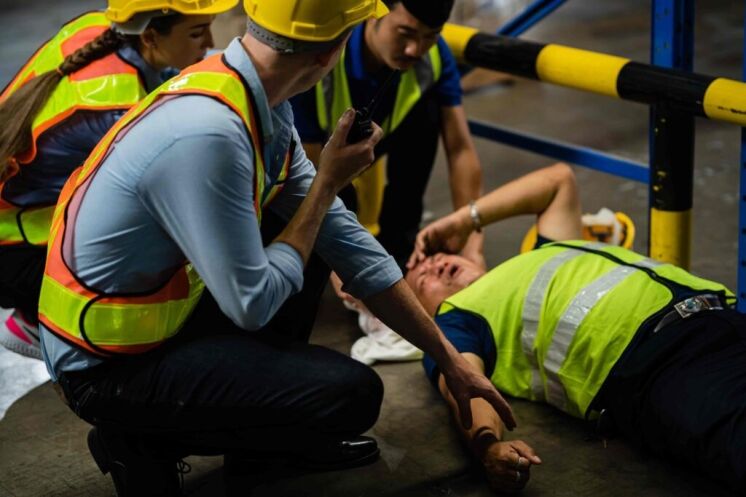 Construction workers assisting injured coworker after workplace accident in warehouse.